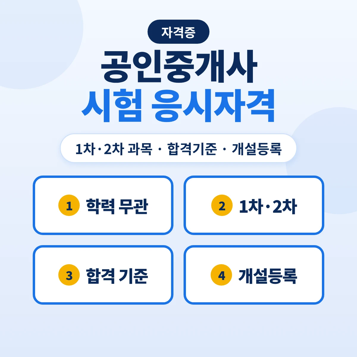 공인중개사 시험 응시자격과 과목: 1차·2차 합격기준·개설등록 절차