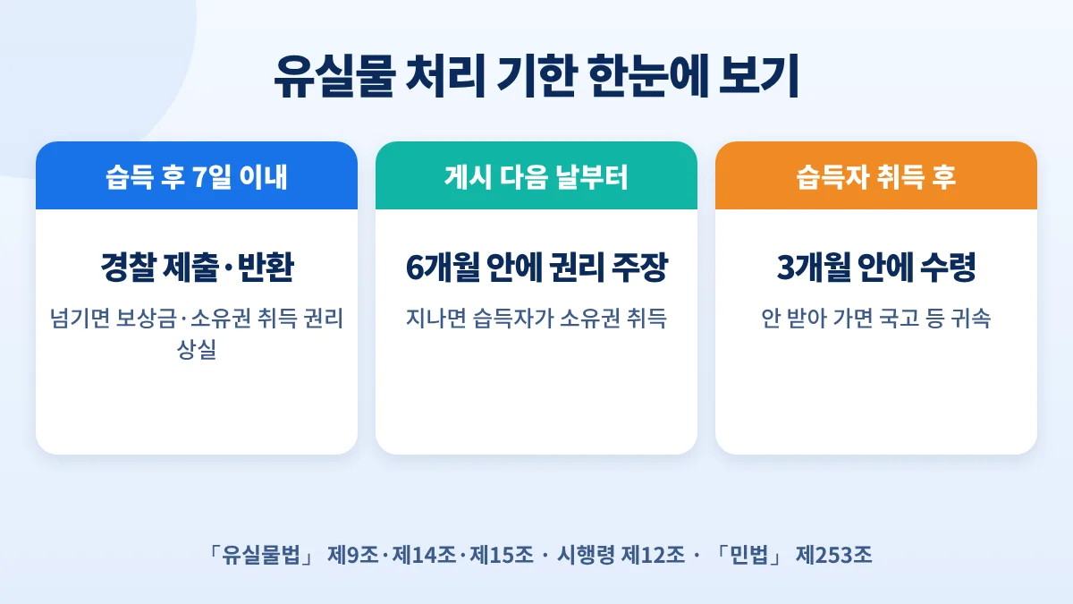 유실물 처리 기한: 습득 후 7일 이내 경찰 제출·반환, 게시 다음 날부터 6개월 안에 권리 주장, 습득자 취득 후 3개월 안에 수령