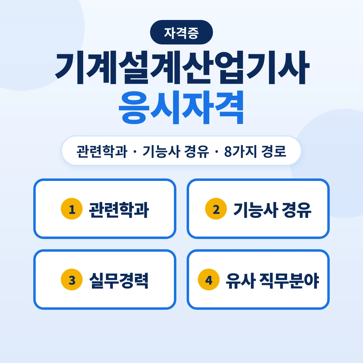 기계설계산업기사 응시자격: 관련학과 범위·전산응용기계제도기능사 후 실무 1년·16 기계 산업기사 보유 8가지 경로