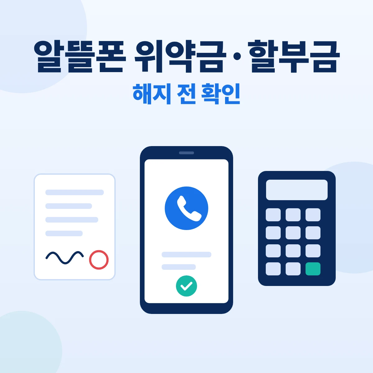 알뜰폰 위약금 확인 대표이미지. 휴대폰과 계약서, 계산기 아이콘을 그린 정보 카드