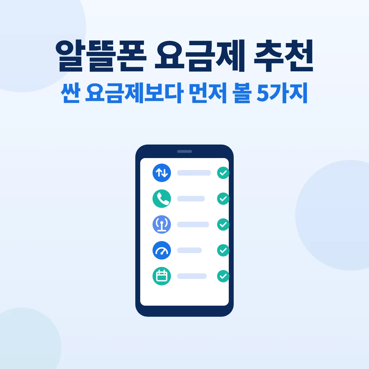 알뜰폰 요금제 추천 전 확인할 5가지 대표이미지. 데이터·통화·통신망·속도·12개월 요금 체크리스트가 뜬 휴대폰을 그린 정보 카드