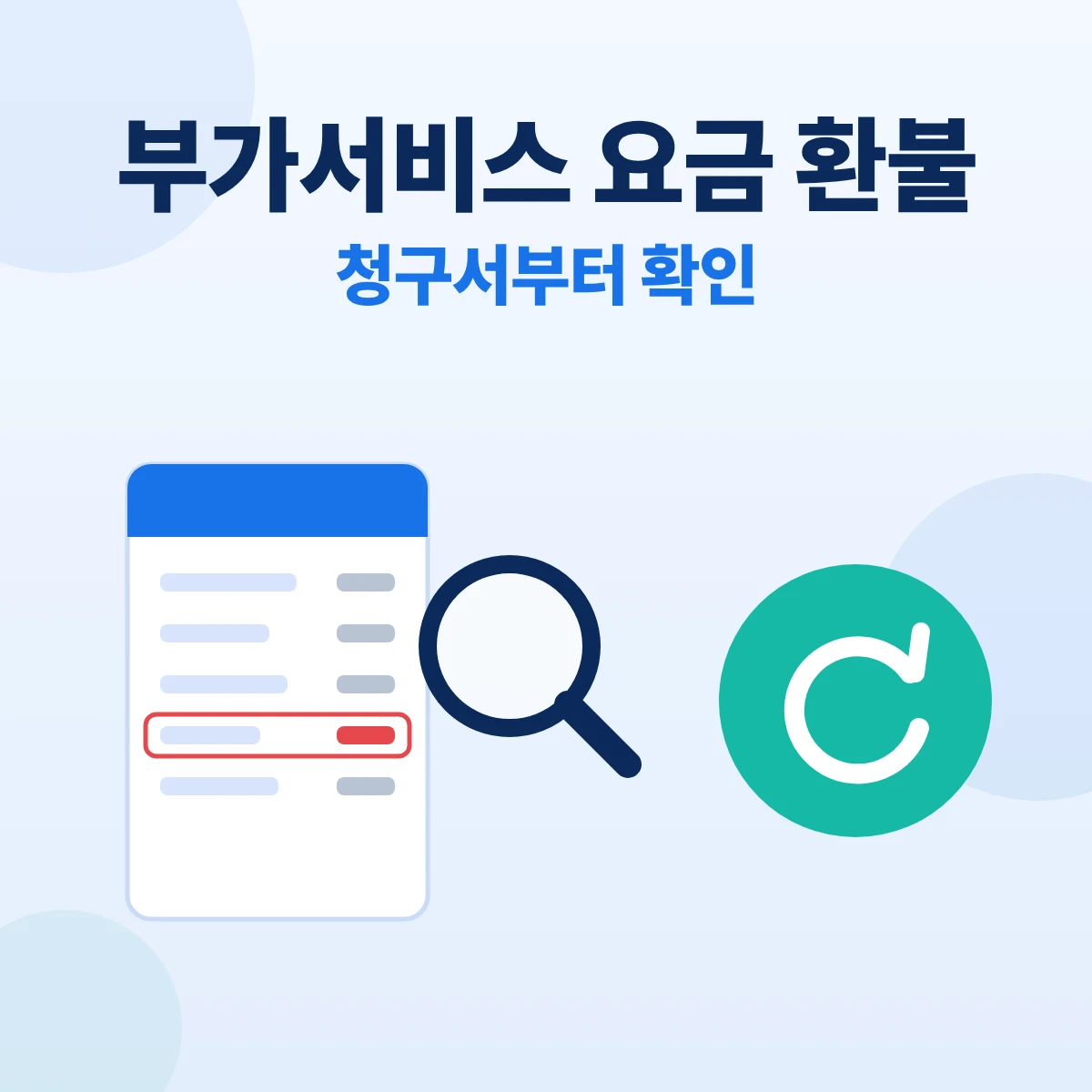 부가서비스 요금 환불 대표이미지. 휴대폰 요금청구서를 돋보기로 살펴보고 되돌림 화살표를 그린 정보 카드