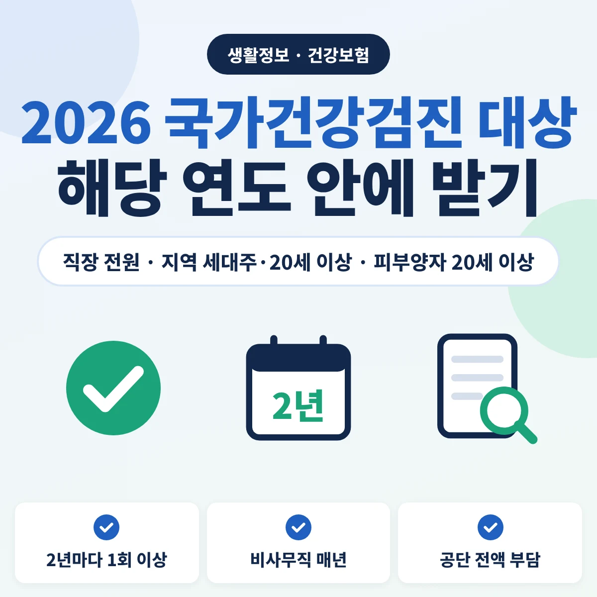 2026 국가건강검진 대상 직장가입자 전원 지역가입자 세대주 20세 이상 피부양자 기준과 해당 연도 안 검진 안내 이미지