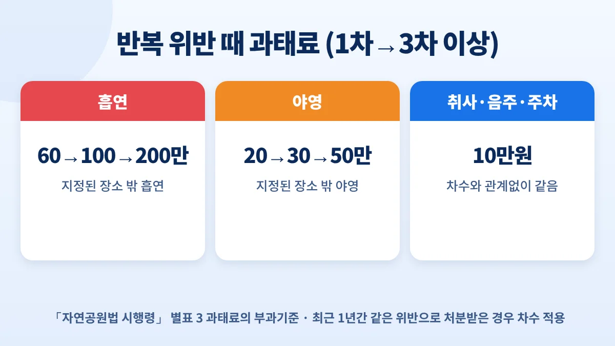 국립공원 반복 위반 과태료: 흡연 60만→100만→200만원, 야영 20만→30만→50만원, 취사·음주·주차 10만원