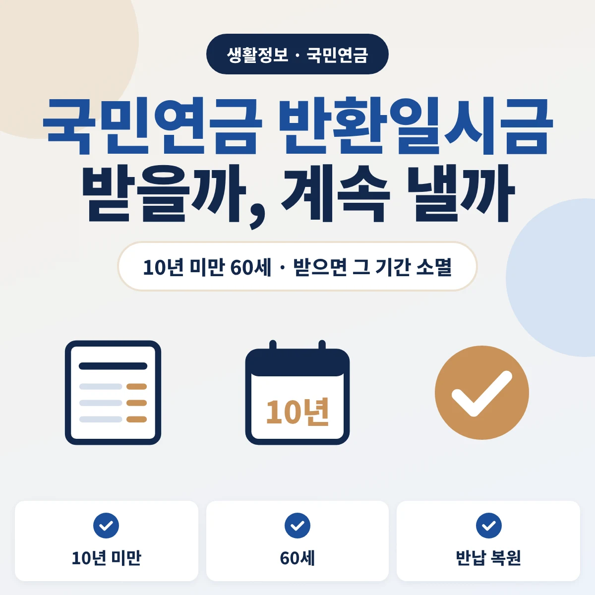 국민연금 가입기간 10년 미만으로 60세가 됐을 때 반환일시금을 받을지 임의계속가입으로 계속 낼지 비교하는 안내 이미지
