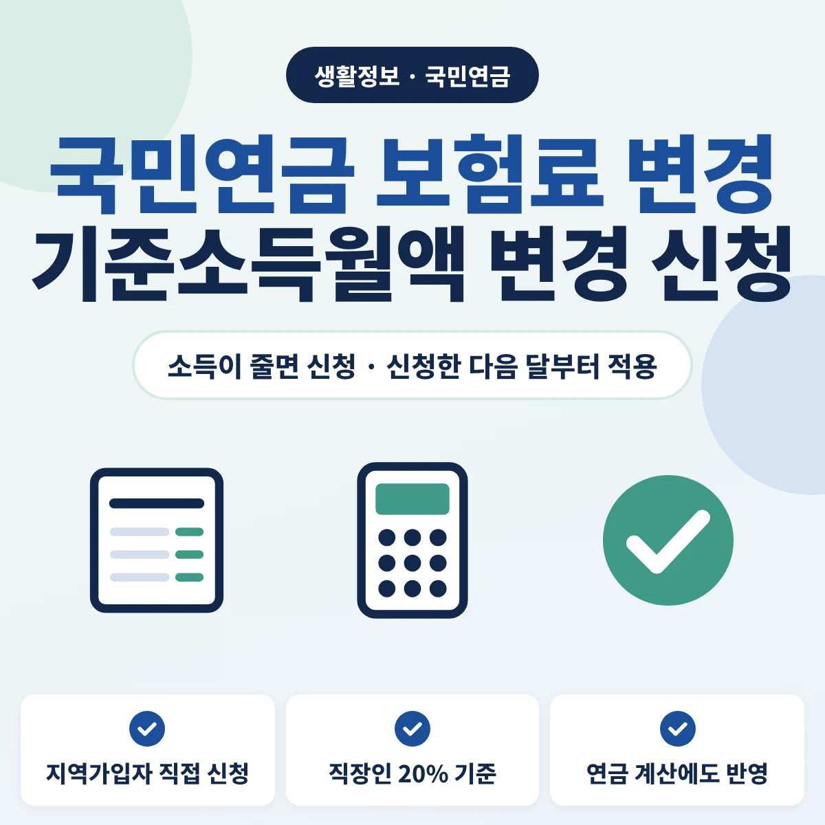 소득이 줄었을 때 국민연금 기준소득월액 변경을 신청해 다음 달부터 보험료를 바꾸는 방법과 직장인 20% 기준을 안내하는 이미지