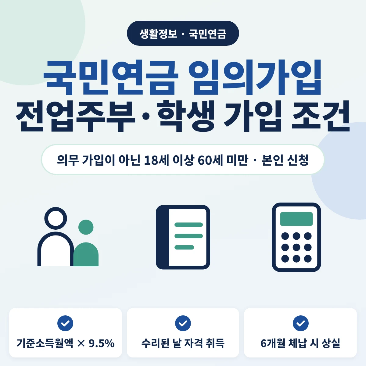 전업주부와 학생 등 의무 가입 대상이 아닌 18세 이상 60세 미만이 신청하는 국민연금 임의가입의 가입 조건과 기준소득월액 9.5% 보험료, 6개월 체납 시 자격 상실을 안내하는 이미지