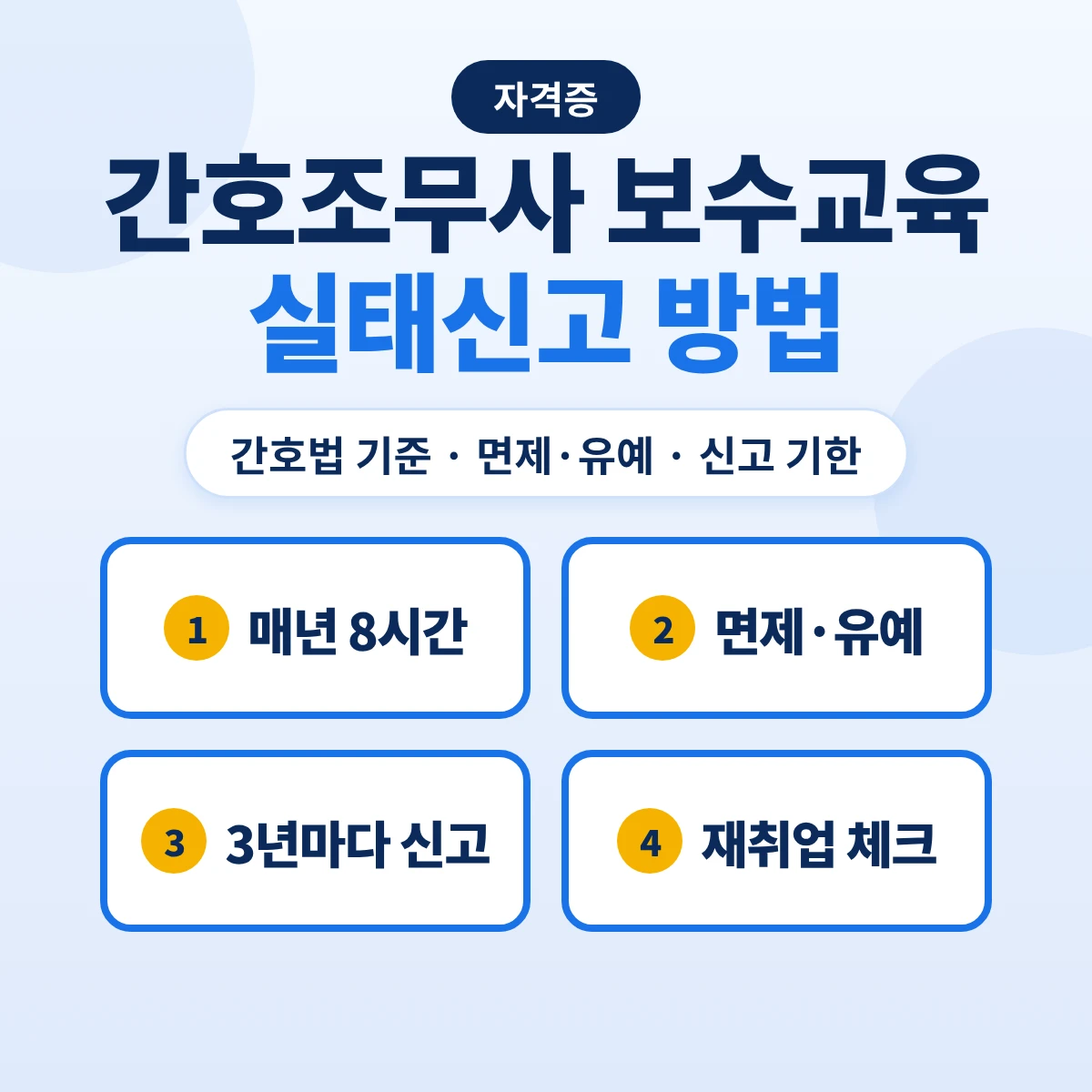 간호조무사 보수교육·실태신고 방법: 매년 8시간 이상 보수교육, 면제·유예, 3년마다 실태신고