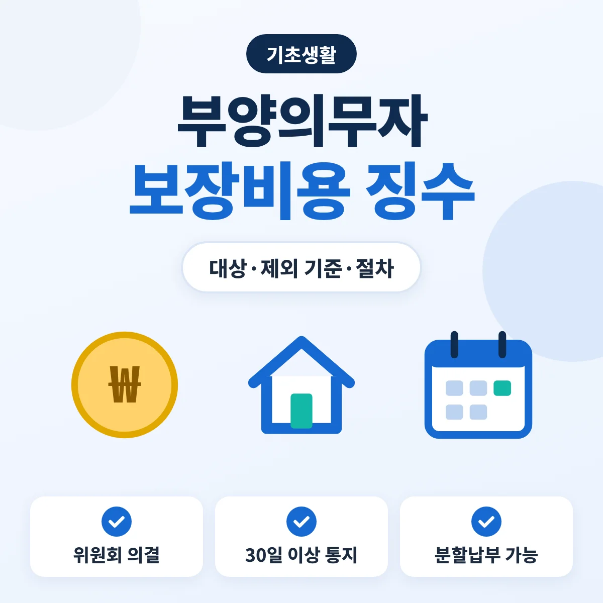 부양의무자 보장비용 징수 안내 이미지, 지방생활보장위원회 의결, 30일 이상 납부 통지, 분할납부 가능