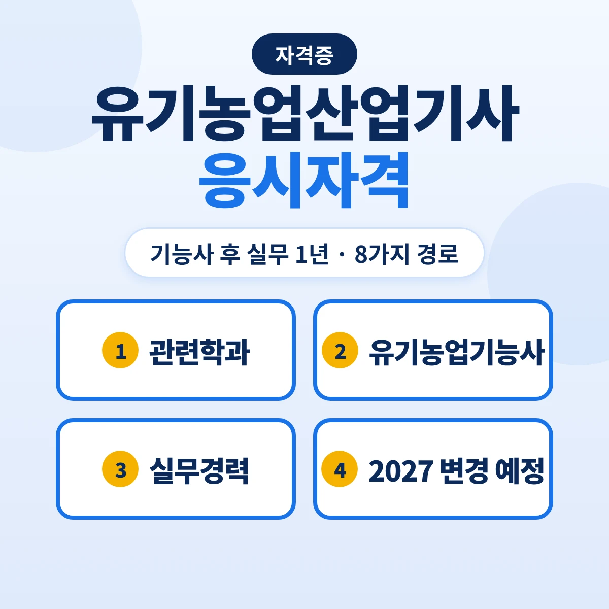 유기농업산업기사 응시자격: 관련학과 범위·유기농업기능사 후 실무 1년·241 산업기사 보유·2027 3과목 변경 예정