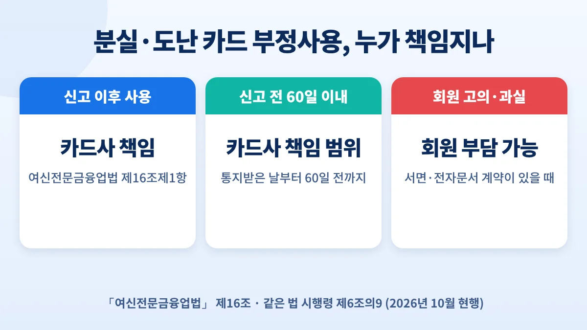 분실·도난 카드 부정사용 책임: 신고 이후 카드사 책임, 신고 전 60일 이내 카드사 책임 범위, 회원 고의·과실은 서면 계약 시 회원 부담 가능