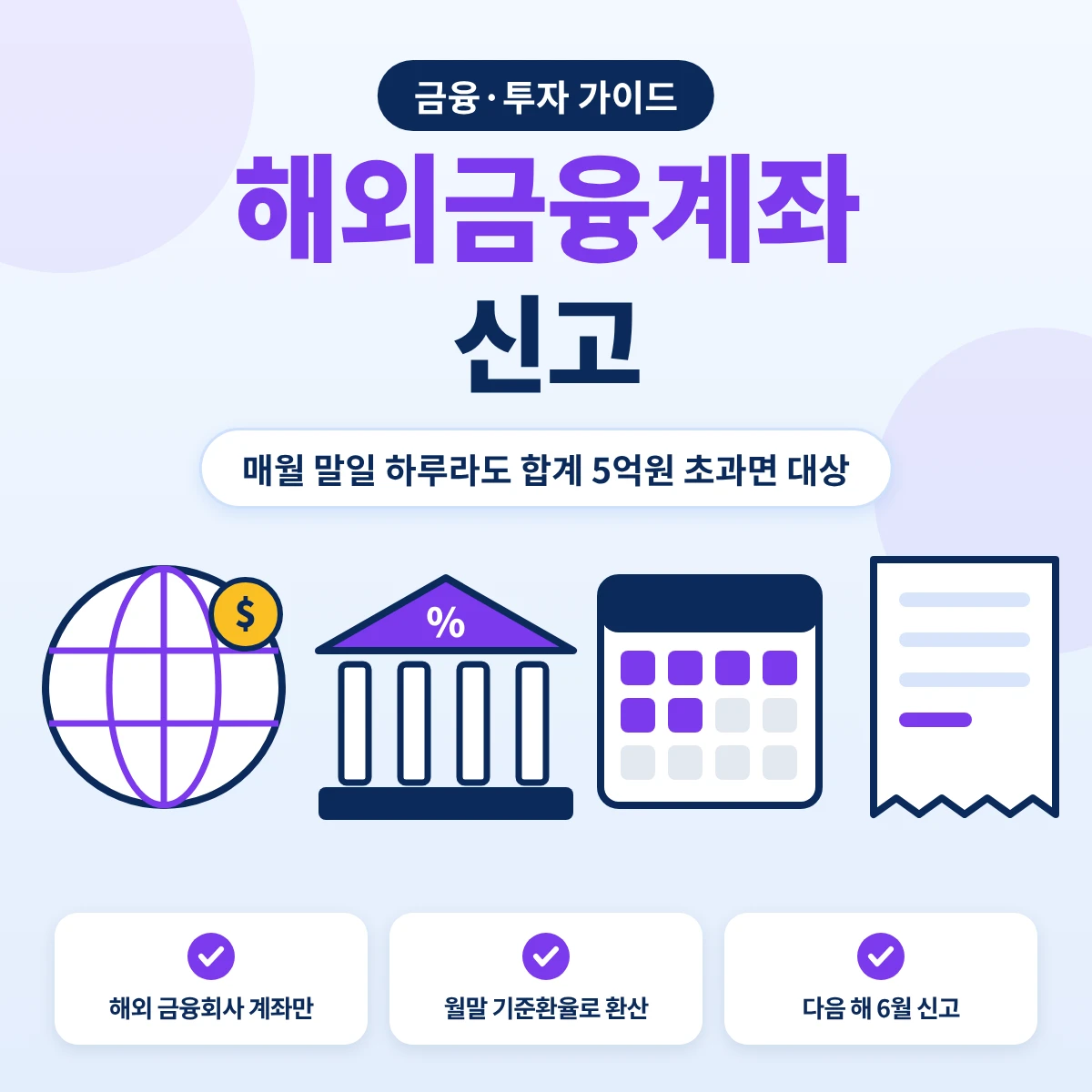 해외금융계좌 신고 요약, 해외 계좌 잔액 합계가 매월 말일 중 하루라도 5억원을 넘으면 다음 해 6월 신고 대상