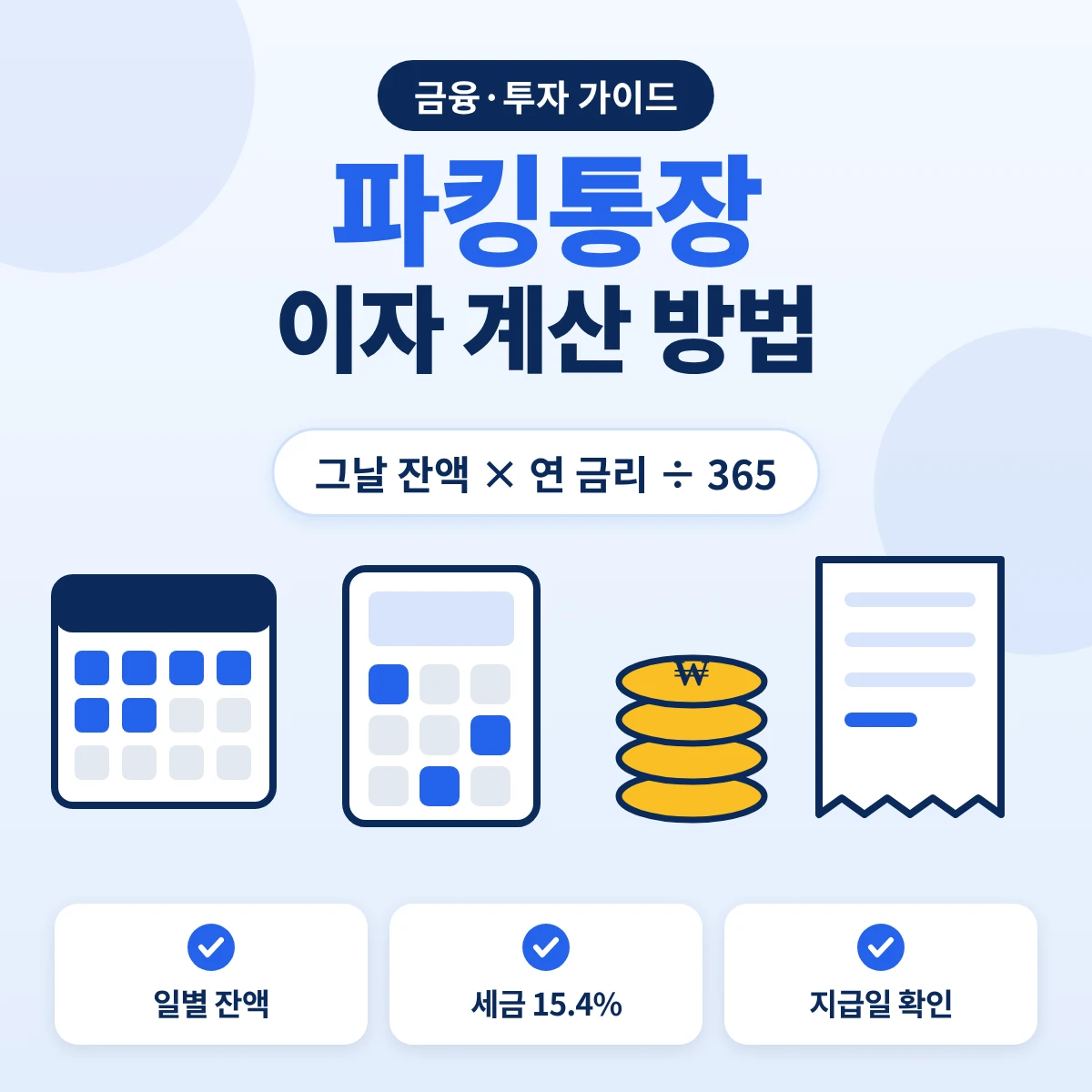 파킹통장 이자 계산 요약, 그날 잔액에 연 금리를 곱하고 365로 나눈 이자를 하루씩 더하는 방식