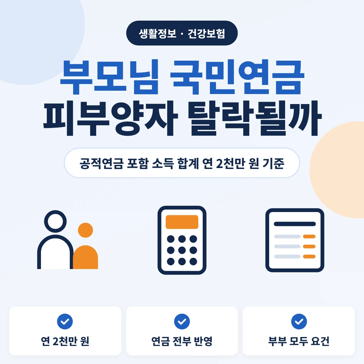 부모님 국민연금 수령 시 건강보험 피부양자 소득요건 연 2천만 원 계산 안내 이미지