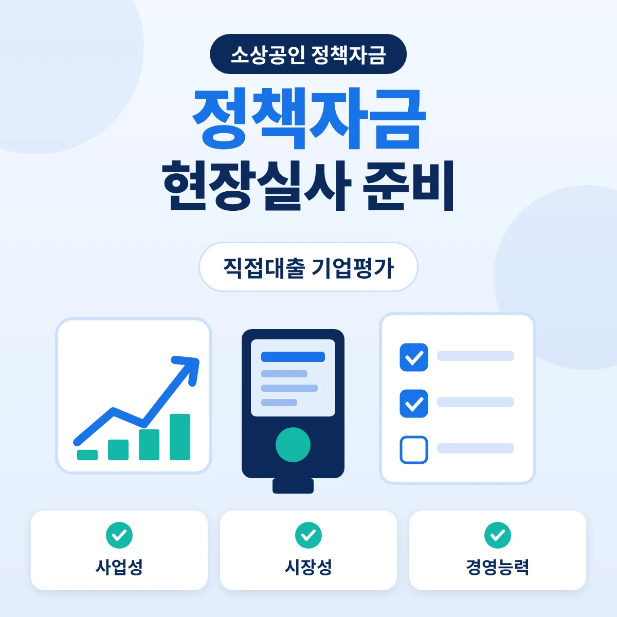 정책자금 현장실사와 직접대출 기업평가 항목을 정리한 소상공인 정책자금 안내 이미지