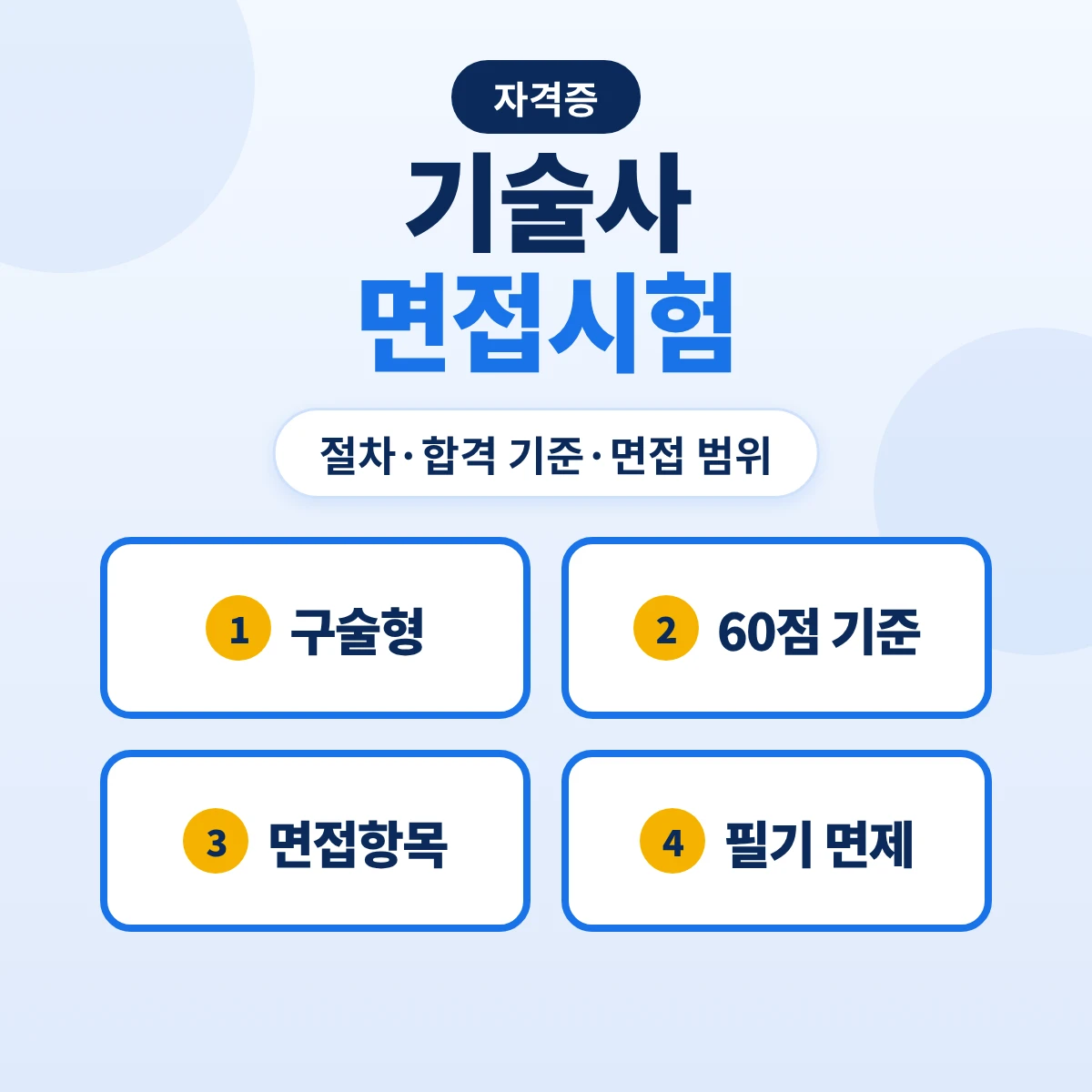 기술사 면접시험 절차와 합격 기준: 구술형 면접·응시자격 서류 후 원서접수·60점 기준·출제기준 면접항목·필기 면제 2년