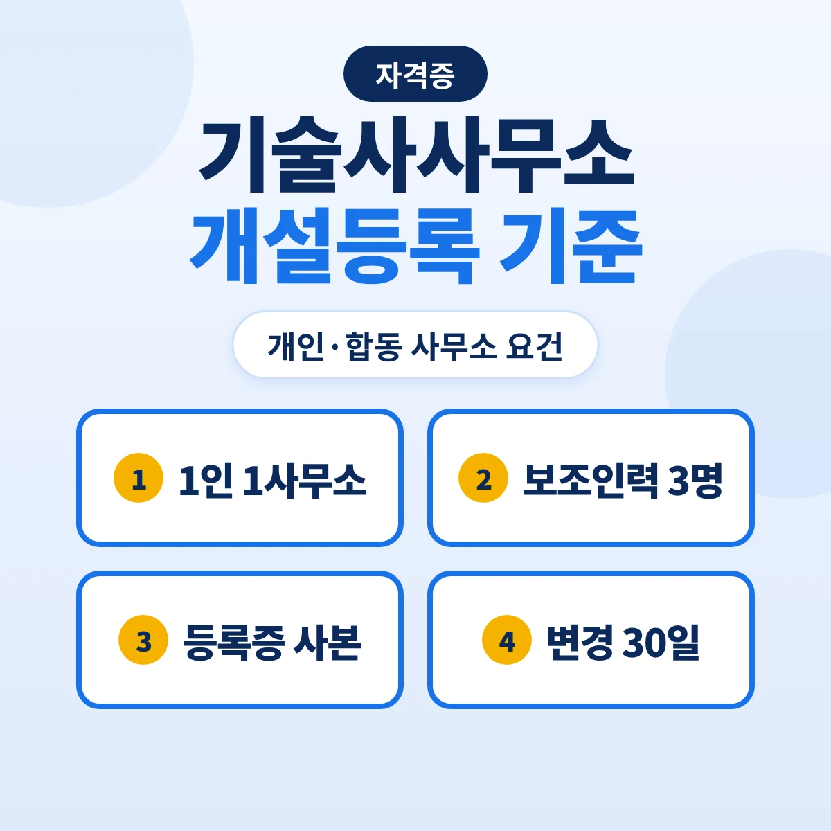기술사사무소 개설등록 기준: 개인·합동사무소 요건·보조 인력 3명·등록 서류·변경신고 30일