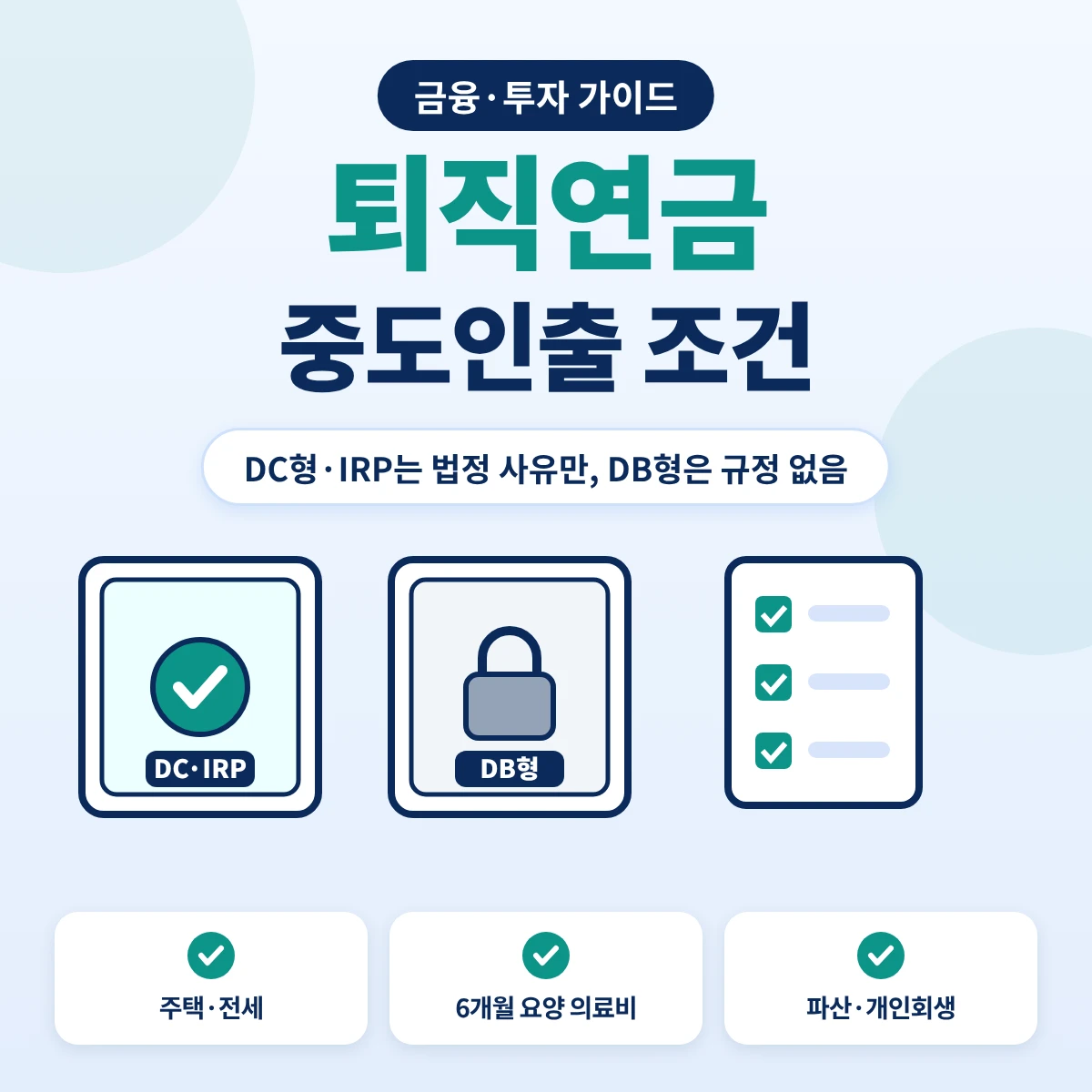 퇴직연금 중도인출 조건 요약, DC형과 IRP는 주택구입·전세·의료비·파산 등 법정 사유로 인출하고 DB형은 중도인출 규정이 없음