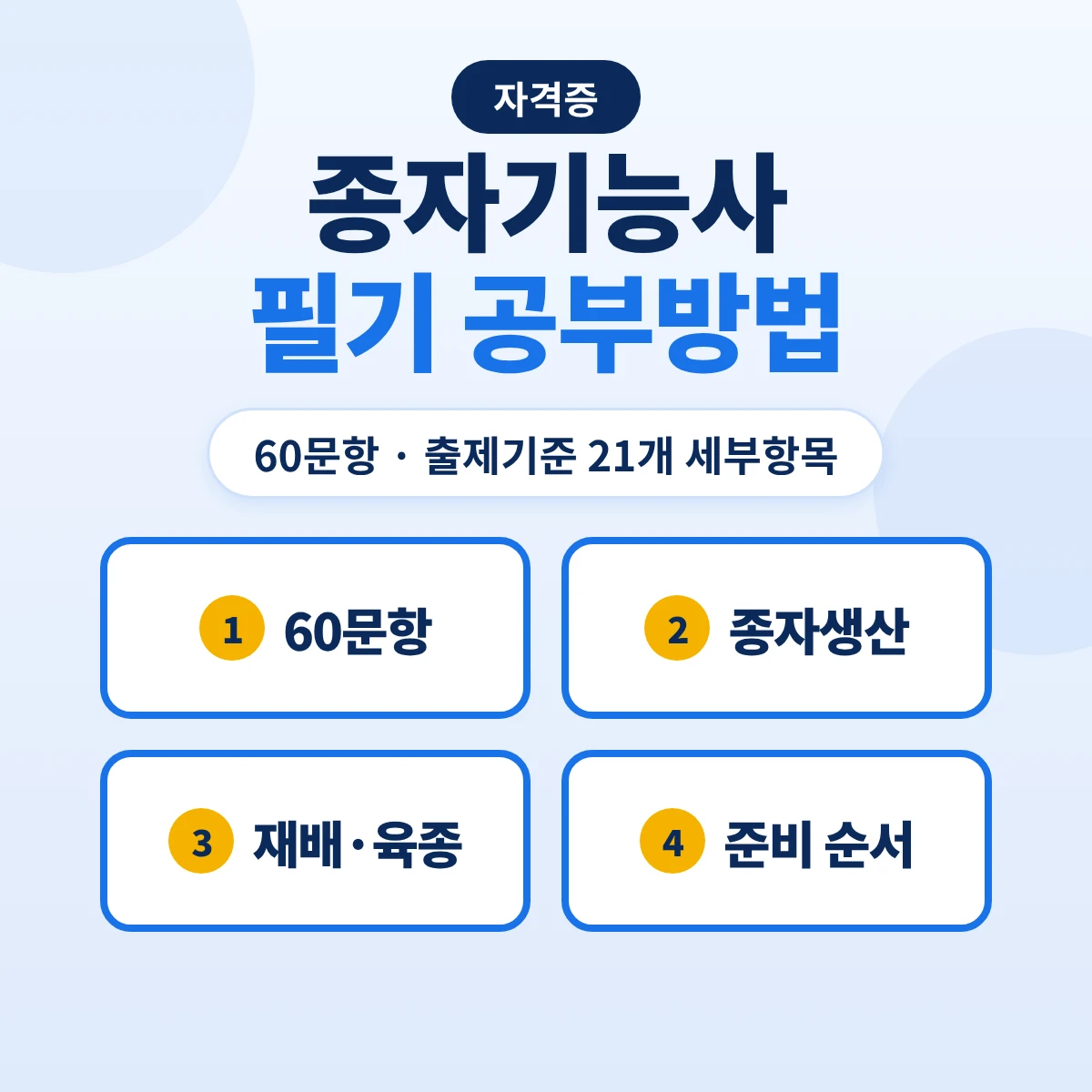 종자기능사 필기 공부방법: 60문항 1시간·종자생산·재배·육종 출제기준 21개 세부항목과 준비 순서
