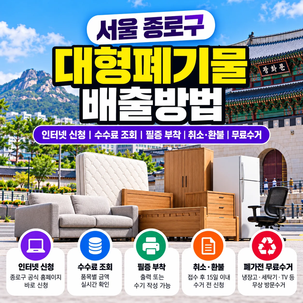 서울 종로구 대형폐기물 배출방법 인터넷 신청 수수료 조회 신고필증 부착 취소 환불 폐가전 무료수거 안내