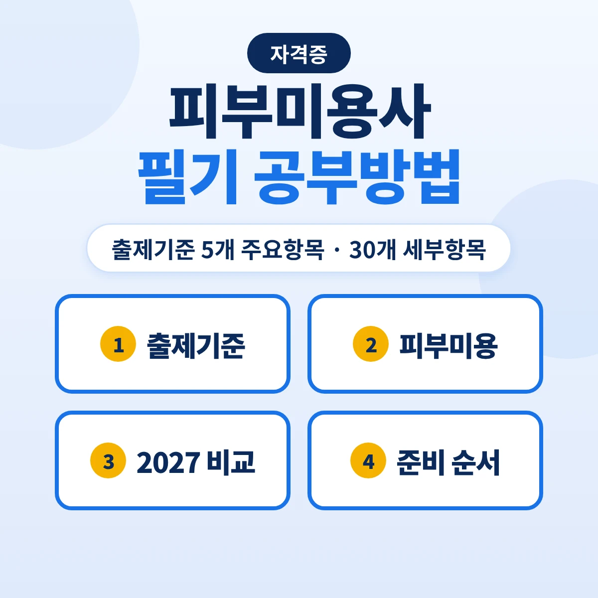 피부미용사 필기 공부방법: 출제기준 5개 주요항목·30개 세부항목과 2027 출제기준 비교·준비 순서