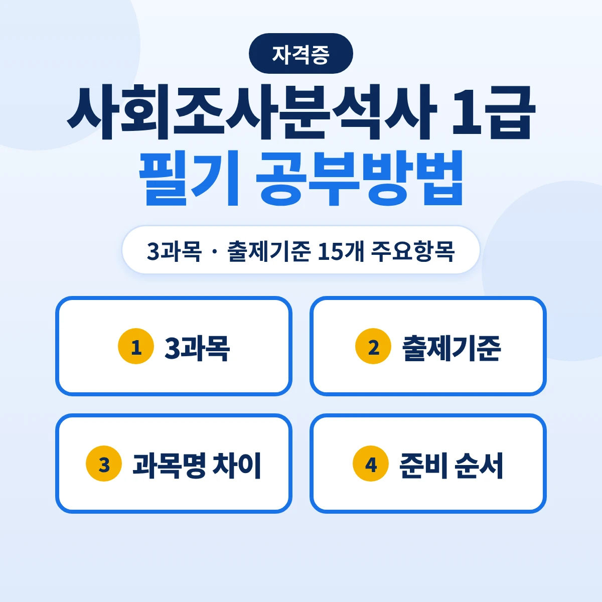 사회조사분석사 1급 필기 공부방법: 3과목 출제기준 15개 주요항목·Q-Net 과목명 차이와 준비 순서