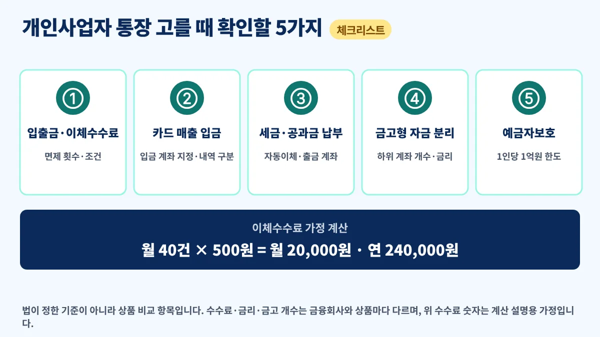 개인사업자 통장을 고를 때 확인할 다섯 가지 기준과 이체수수료 가정 계산