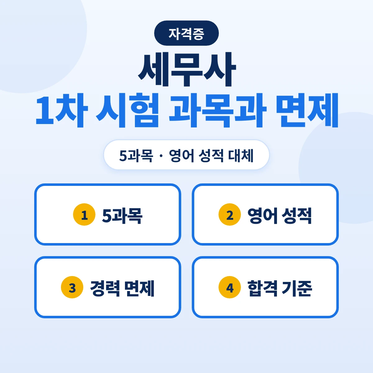 세무사 1차 시험 과목과 면제: 5과목·영어 성적 대체 기준·공무원 경력 면제·합격 기준