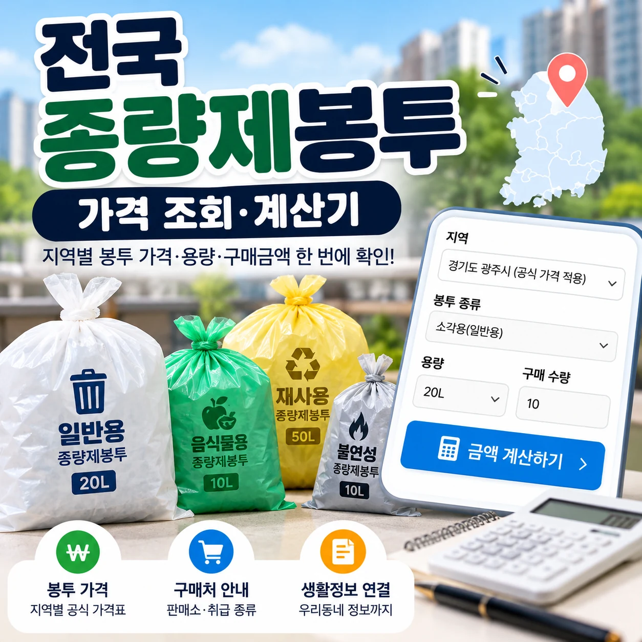 종량제봉투 가격 계산기 지역별 봉투 가격 및 구매금액 조회