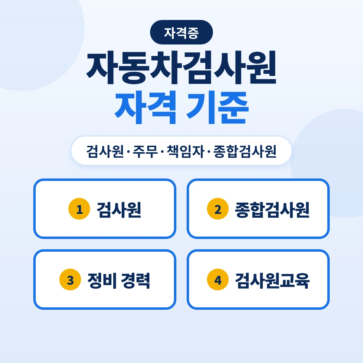 자동차검사원 자격 기준: 정기검사 검사원·검사주무·검사책임자와 종합검사원 요건·정비기능사 3년·검사원교육
