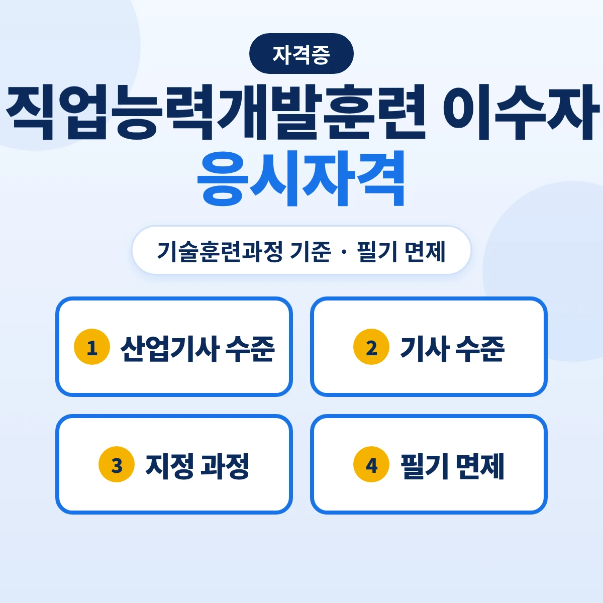 직업능력개발훈련 이수자 응시자격: 산업기사·기사 수준 기술훈련과정 2,800시간 기준과 기능사 필기 면제