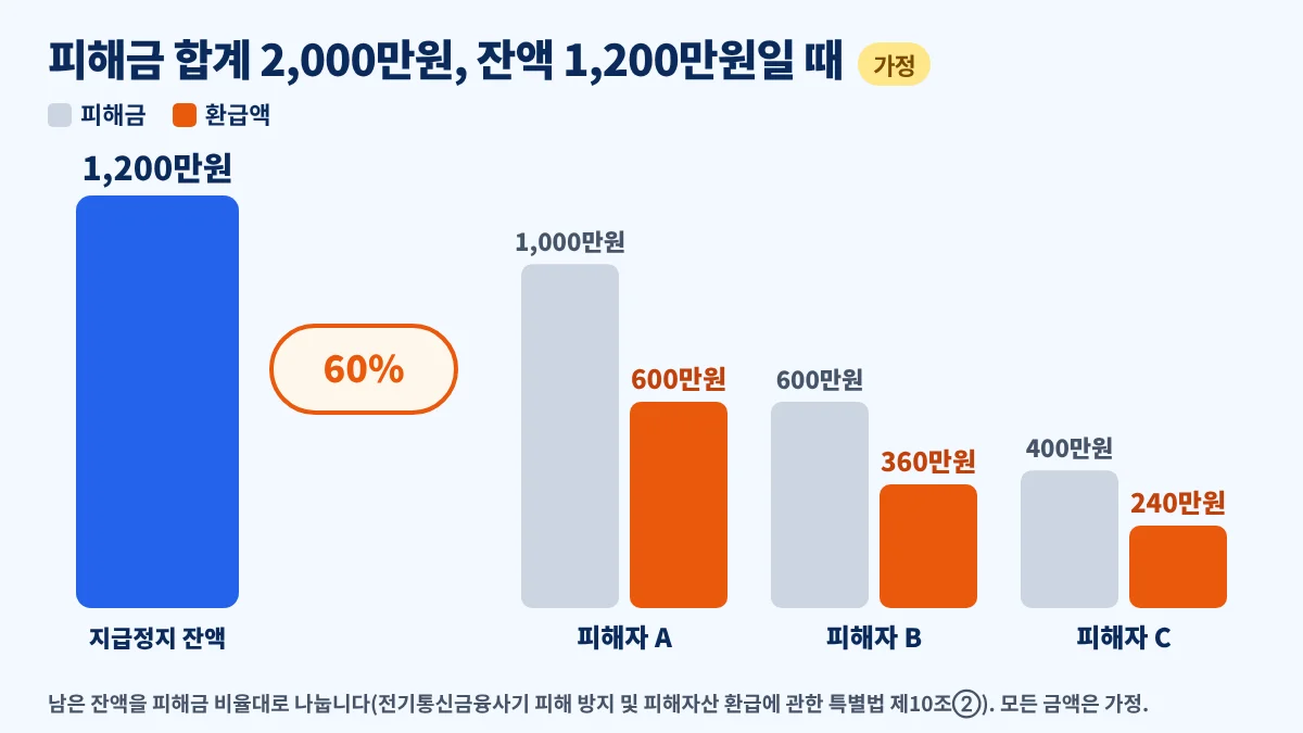 보이스피싱 피해금 환급 계산 예시, 잔액 1,200만원을 피해금 1,000만원·600만원·400만원 피해자 3명에게 60%씩 나눠 600만원·360만원·240만원 환급