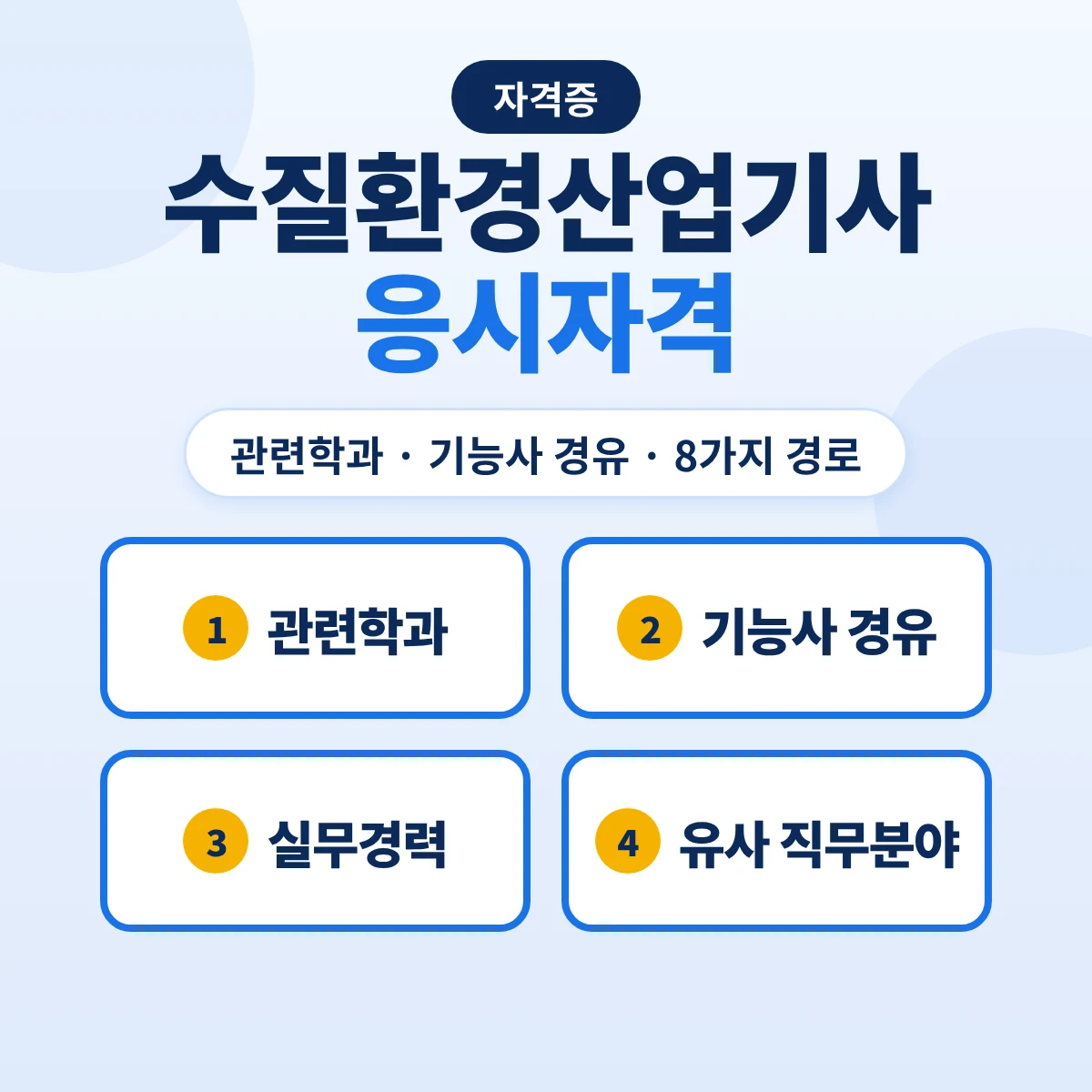 수질환경산업기사 응시자격: 관련학과 범위·환경기능사 후 실무 1년·261 산업기사 보유·실무 2년 8가지 경로