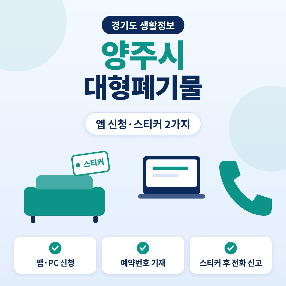양주시 대형폐기물 앱·PC 신청 예약번호 기재와 스티커 부착 후 전화 신고를 정리한 안내 이미지